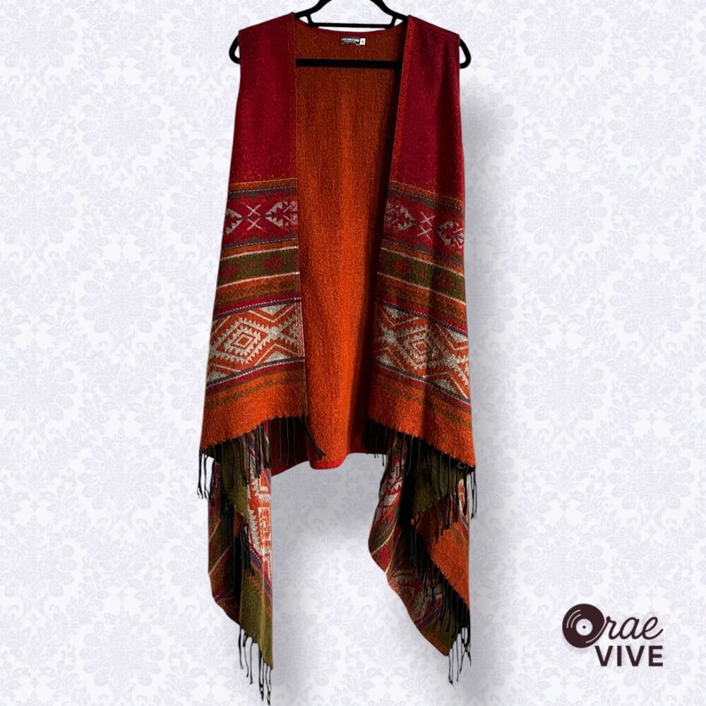 Earthbound Trading Co Southwest Fringe Open Front Long Vest Wrap Womens M